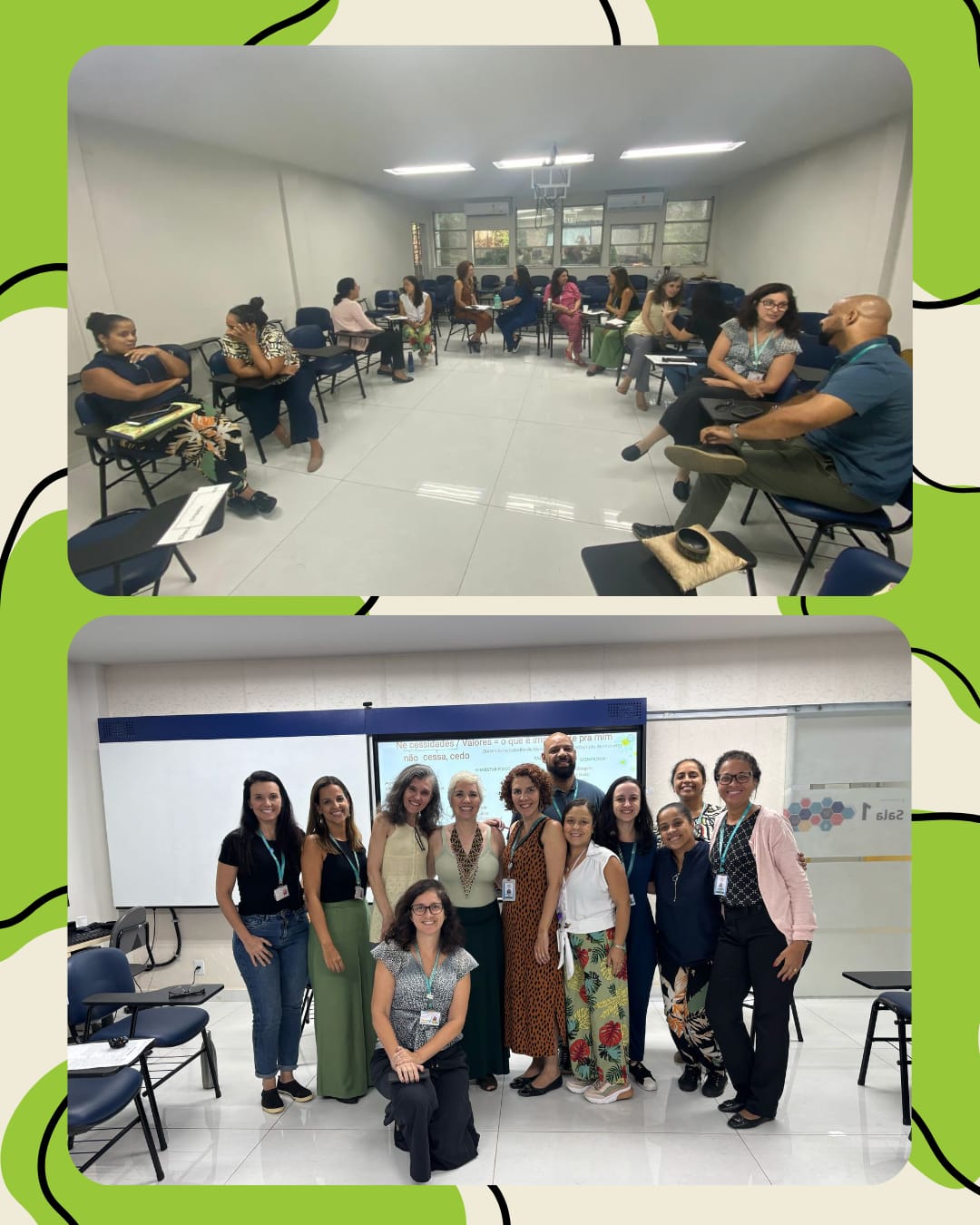 Grupo de pessoas em sala participando de dinâmica em duplas e, depois, reunidas sorrindo para foto ao final de um encontro 