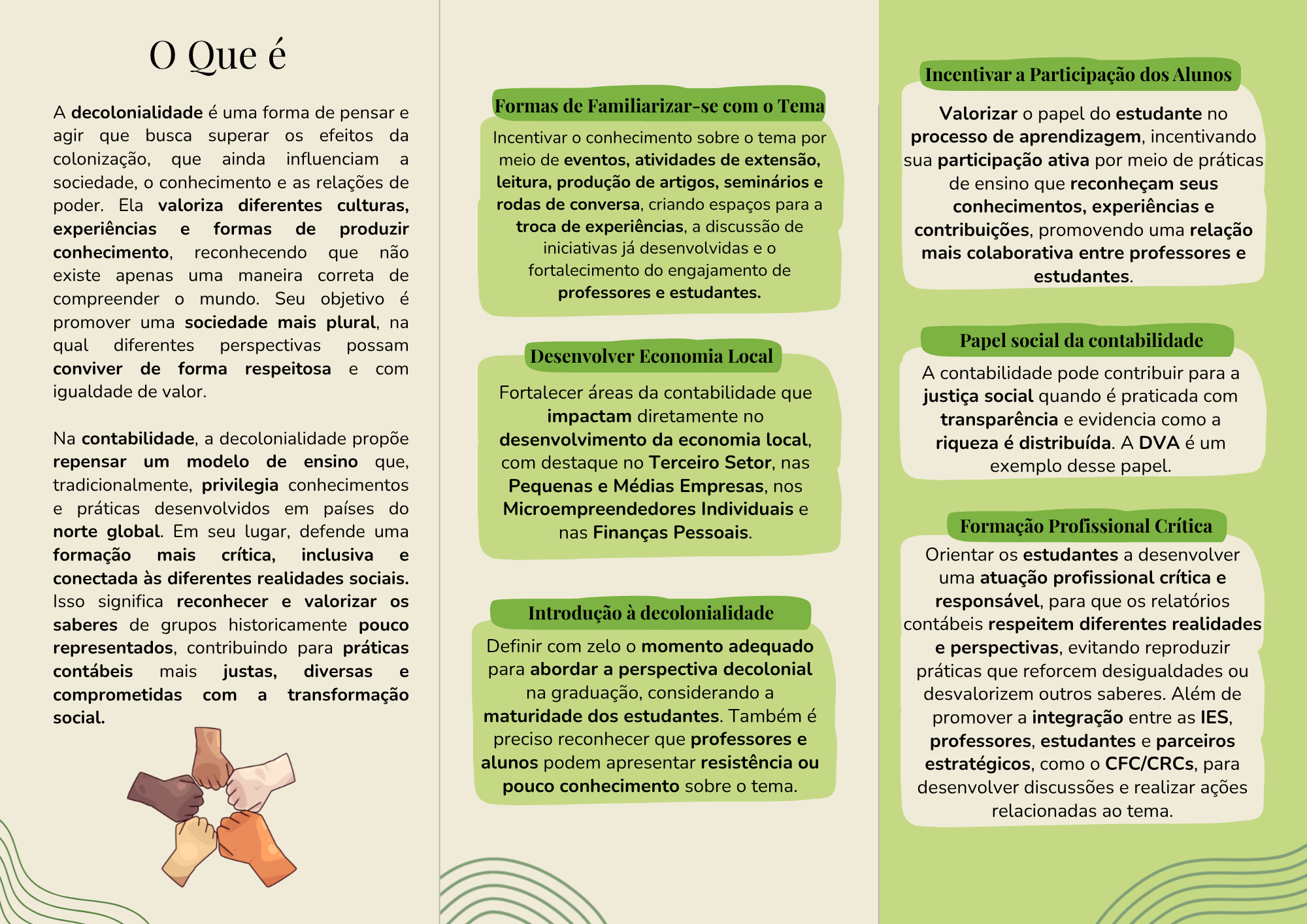 Folder informativo sobre decolonialidade na contabilidade, com textos explicativos e quadros verdes em fundo claro.